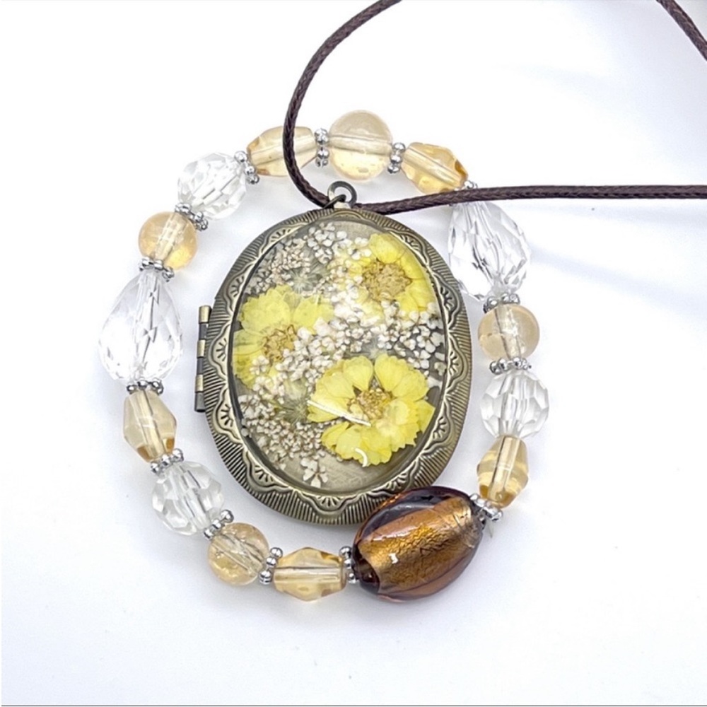 Vintage Yellow Floral Brass Locket Long Necklace & Golden Beaded Bracelet